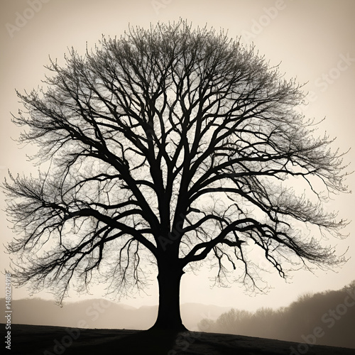 silhouette of bare tree. Toning in sepia, vintage style