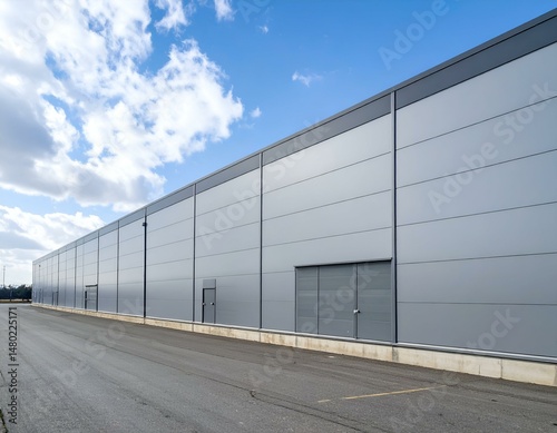 Wallpaper Mural Modern industrial building exterior with grey metal siding, loading docks, and clear blue sky. Perfect for real estate, architecture, and industrial design projects. Torontodigital.ca