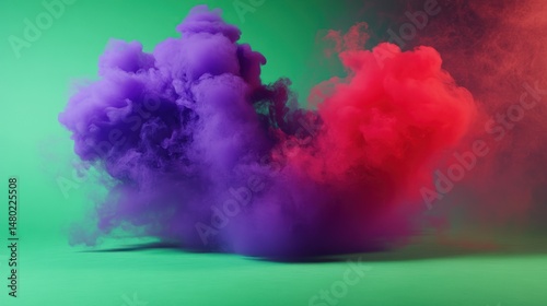 Colorful billowing smoke abstraction on a green background showcasing visual artistry
