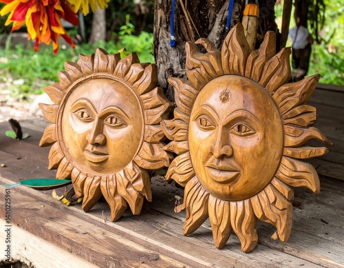 Wooden sun shapes represent joy and warmth during the vibrant celebration of summer solstice.