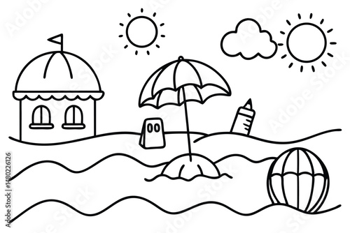 Outlined beach reveals summer fun through sun, cloud, umbrella, and castle
