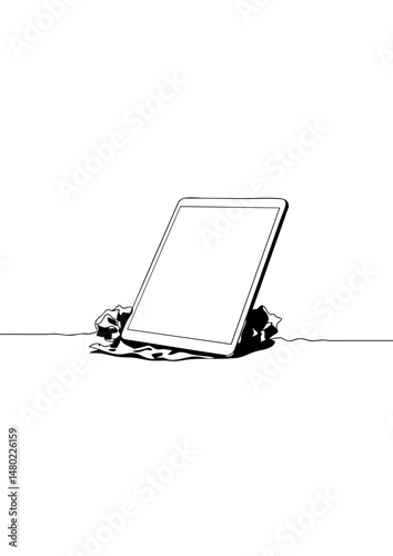 A minimalist illustration of a tablet submerged in water, representing the concept of technological addiction or the dangers of technology