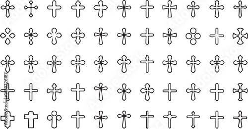 Modern christian cross icon collection vector illustration presenting contemporary styles perfect for youth ministry materials, church branding, and inspirational graphics