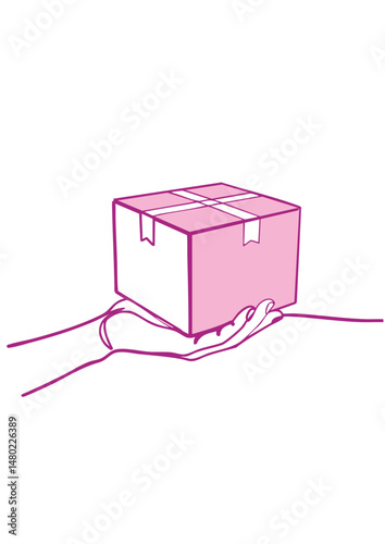 A hand holding a pink delivery box