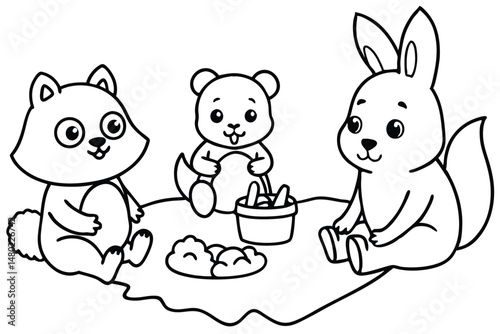 Outlined bunny, bear, and squirrel enjoy their picnic together with a basket of food