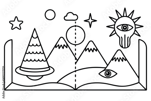 Outlined book shows mountains, an allseeing eye, and celestial symbols within its open pages