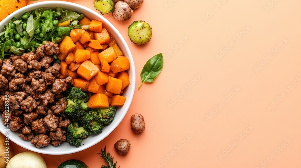 Delicious and nutritious ground beef, diced sweet potatoes, and fresh vegetable meal on peach background