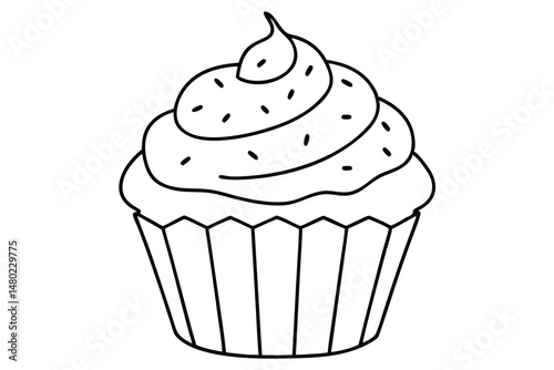 Outlined cupcake drawing shows swirls of frosting covered with sprinkles, it has transparent background