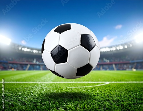 Soccer ball hovering above green field in a stadium. Perfect for sports, game, and football related projects.
