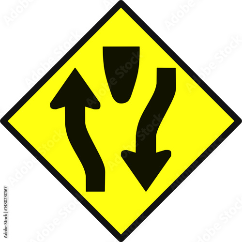 Yellow diamond traffic sign with opposing black arrows and a median symbol. Warns of divided traffic lanes. Used for road safety design and driving instructions.