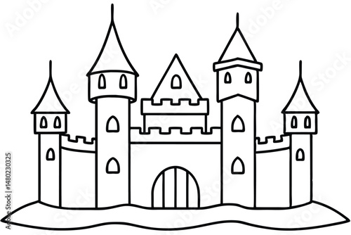 Outlined drawing shows a medieval castle structure with towers and fortified walls and ramparts