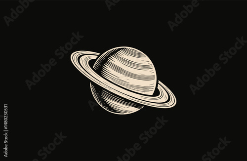 Saturn planet logo with vintage engraving style design template