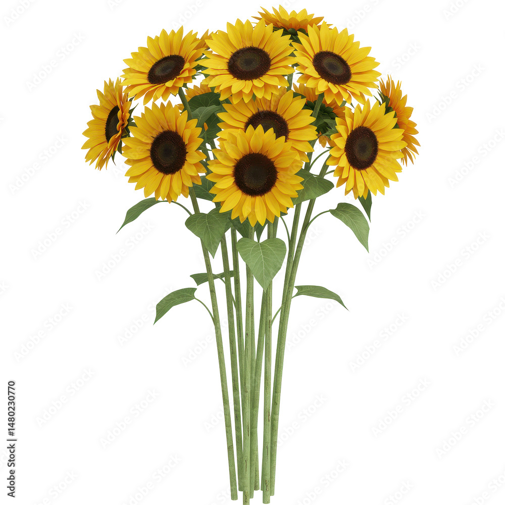 Obraz premium Vibrant bouquet of sunflowers with yellow petals, brown centers, and slender, green stems