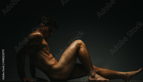 Tableau sur toile An artfully captured image of a male model sitting on the floor, illuminated by moody lighting creating a dynamic and reflective atmosphere, emphasizing form, expression, and aesthetic
