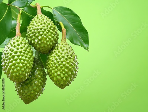 Vibrant green durian fruit hanging from a tree branch against a plain, contrasting green background photo