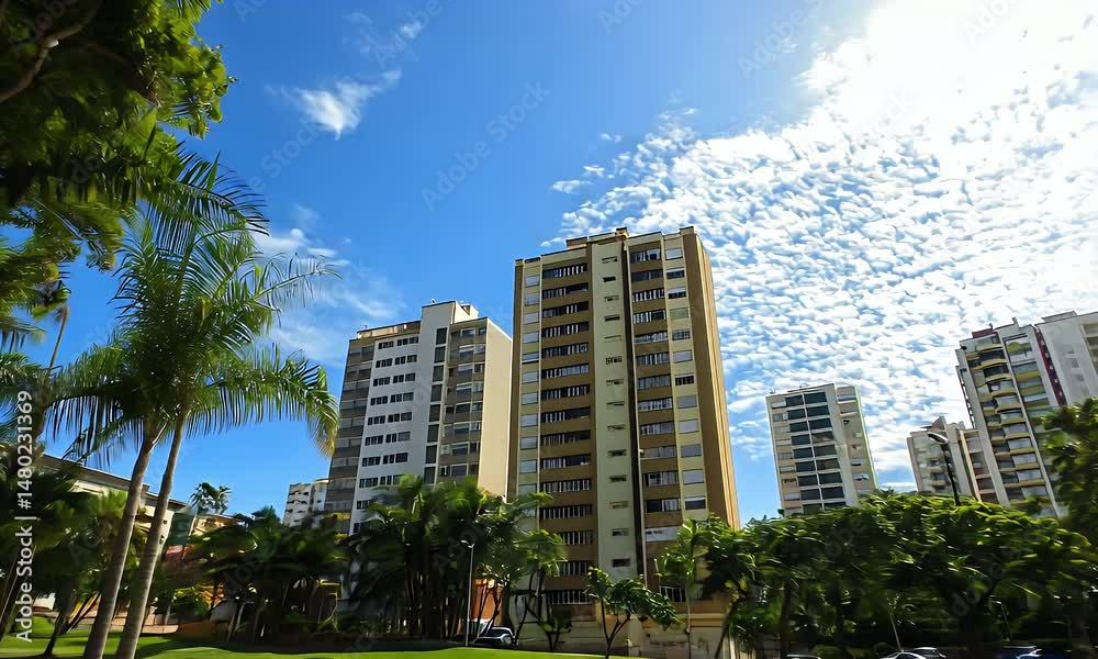 Cityscape with Green Lawn Tall Apartment Buildings and Bright Blue Sky Scenery Cityscape with Green Lawn Tall Apartment Buildings and Bright Blue Sky Scenery