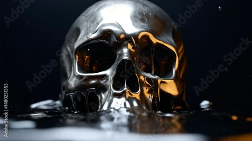 Metal Skull Liquid Surface Close-Up Slow Motion