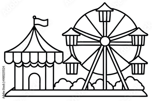 Outlined ferris wheel and carnival tent create a vintage amusement park scene, shown on white