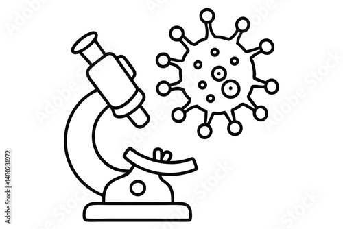 Outlined microscope viewing virus cells displays scientific exploration in simple line art