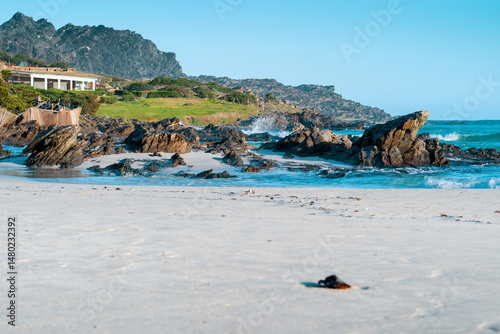 Fototapeta Naklejka Na Ścianę i Meble -  Turquoise sea water in Sardinia, Stintino, La Pelosa beach. Sea coast with rocks. Holiday destination with beautiful white beaches and warm water in Europe.	
