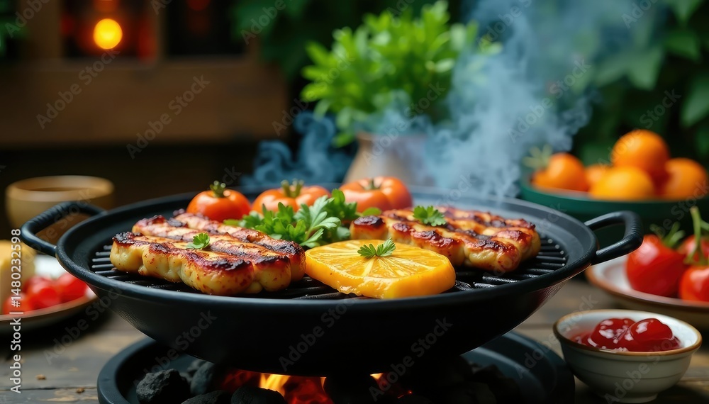 Charcoal grill with smoky food, family style table setting, holiday, weekend, summer Charcoal grill with smoky food, family style table setting, holiday, weekend, summer