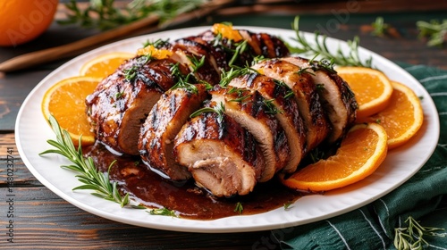 Juicy roasted pork tenderloin stuffed with herbs and spices served with fresh orange slices on a white plate