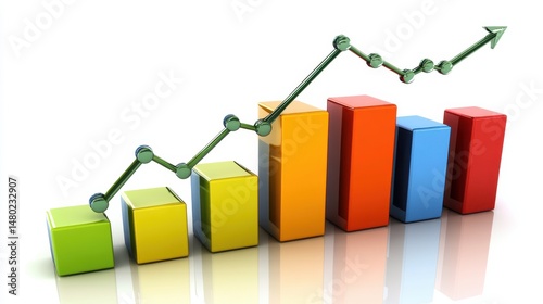 Colorful Bar Graph with Rising Trend Line Illustrating Growth