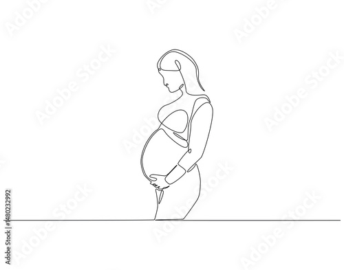 Continuous one line drawing of pregnant woman touching her belly. One line drawing illustration of woman pregnant. International mother day concept single line. Editable outline