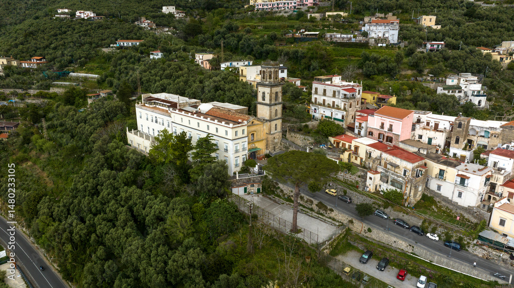 Obraz premium Aerial view of the sanctuary of Santa Maria del Toro located in Vico Equense. It is a monumental church in the province of Naples, Campania, Italy.
