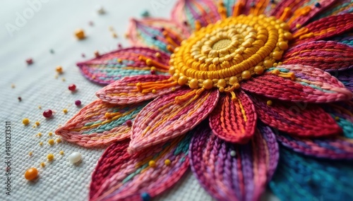 Close-up of vibrant canvas cross-stitch artwork, showcasing intricate details and colorful threads , fiber, detail