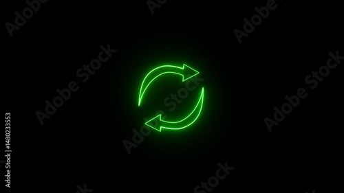 Neon line refresh green arrow icon on black background. Abstract beautiful neon, refers,h, and recycle icon animation background.