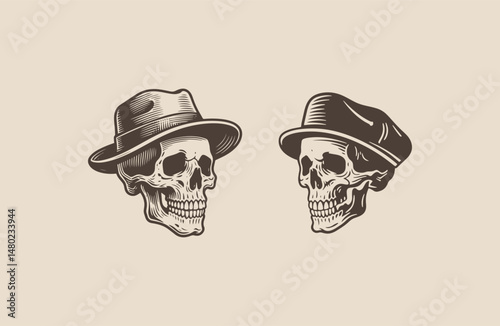 Skull head logo wearing hat with engraving design style template