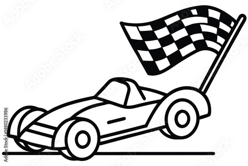 Racing car passes the finish line while a checkered flag waves proudly