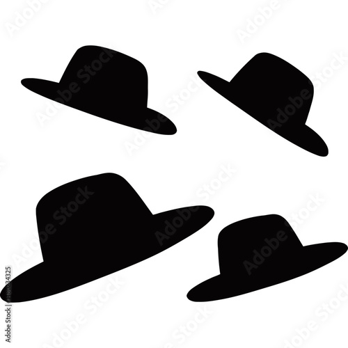 Set of vector illustrations of classic fedora hats in black with light bands, displayed in various angles. Perfect for fashion, retro, or vintage design elements.