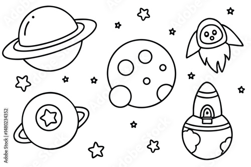 Several planets, stars, and spaceships are orbiting in a line art style with transparent background