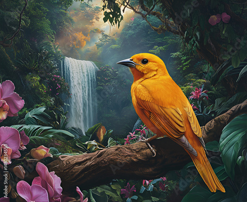 View of a golden oriole bird perched on a tree branch amidst tropical flowers in a dense forest