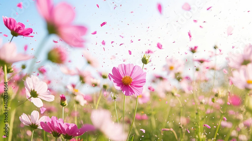 Pink flowers fall in the wind, representing the beauty of nature, seasonal changes, and the concept of pollen allergies.