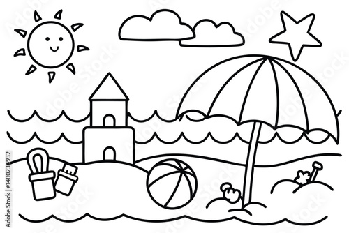Simple black outline depicts beach with sun, clouds, castle, toys, and umbrella