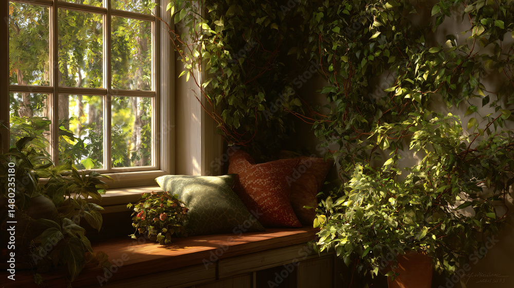 Fototapeta premium cozy window corner and foliage