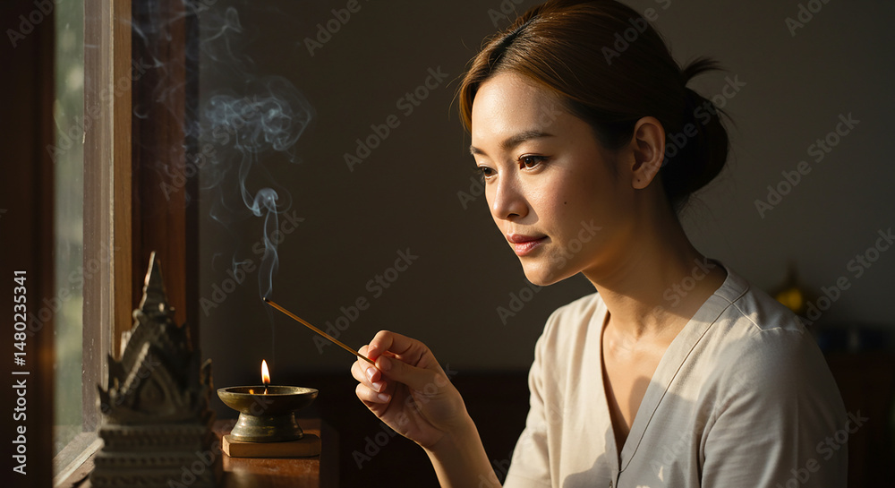 Fototapeta premium Asian woman lighting incense stick in front of window with small temple model