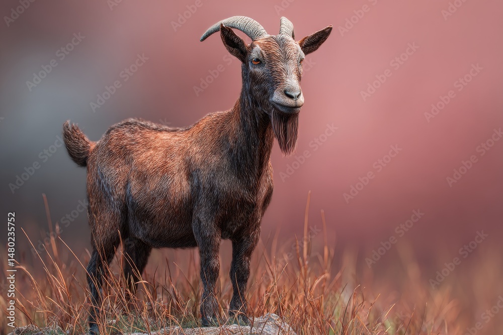 Fototapeta premium A goat standing proudly amidst a field of dry grasses.