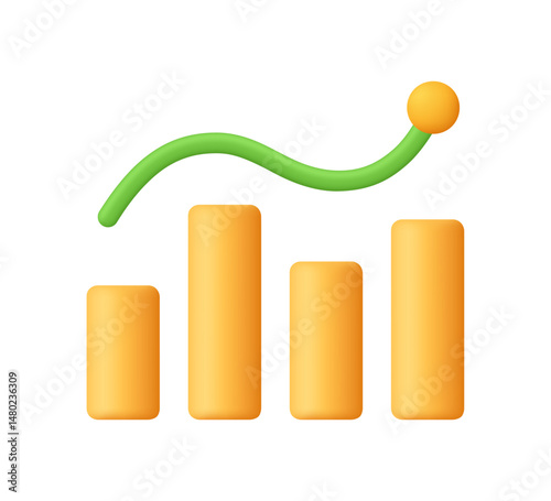 Yellow growth bar chart with columns, down and up chart. Financial stock market, data analysis and business concept. 3d vector icon. Cartoon minimal style.