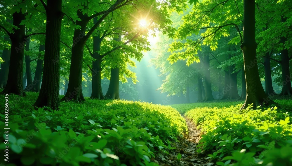 Fototapeta premium Lush green forest background, sun dappled, perfect for nature themes , environment, botanical