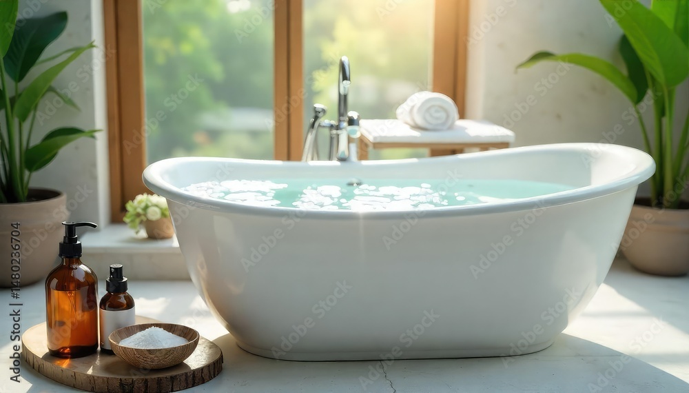 Fototapeta premium Luxury bath, bubble bath, essential oils, salts, blue, self-care, bath