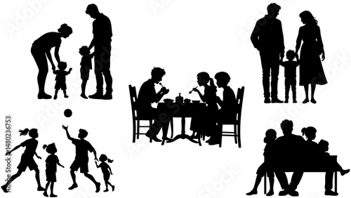Family Silhouette Vector Set of Parents, Children, and Everyday Life Moments