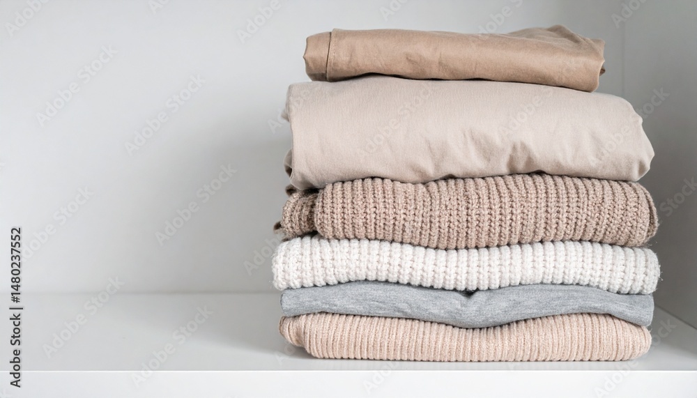 Fototapeta premium Modern capsules wardrobe concept. Neatly folded clothes in neutral tones on a white shelf.