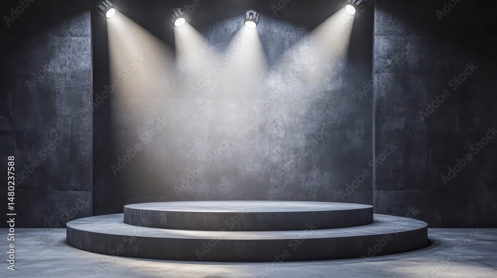 Obraz premium Dark stage with spotlights illuminating a circular podium.