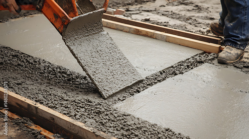 Concrete being poured and smoothed at a construction site