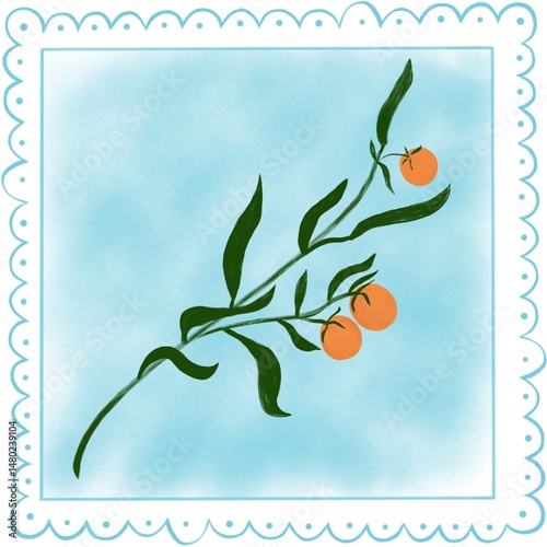 a branch bearing green leaves and three orange fruits