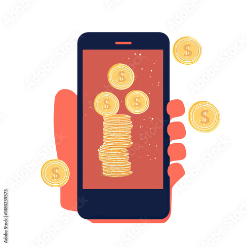 Hand holding smartphone with stack of gold coins and floating dollar coins on screen symbolizing mobile money earnings and digital financial transactions vector illustration